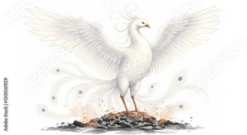 Majestic White Phoenix Bird Rising from Ashes Mythical Creature Illustration