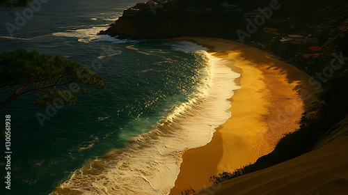 Top view of tranquil turquoise waves and soft golden sand on a beach, summer seascape with clean, serene atmosphere and natural light creating a calming effect