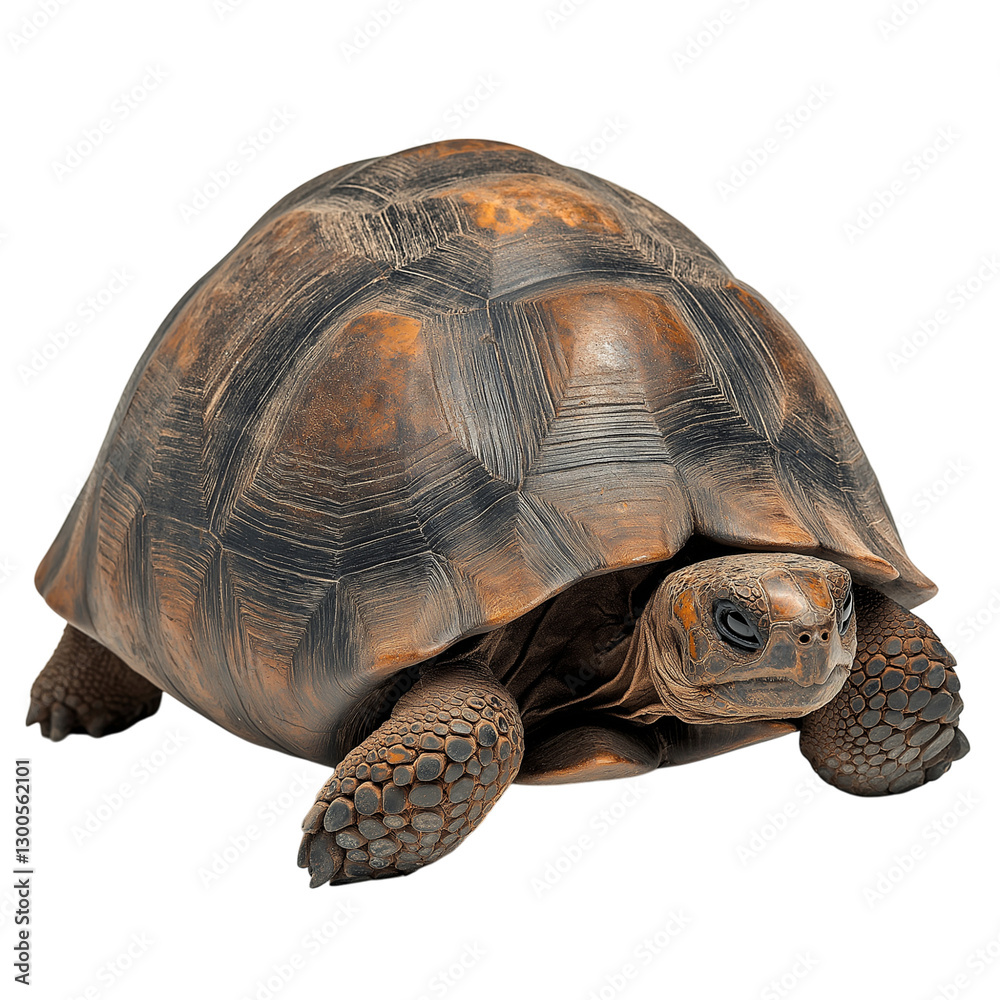 Obraz premium a side view of a land tortoise with its armored shell visible on a white solid background