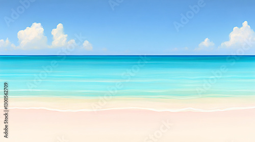 Close-up top view of turquoise waves gently lapping onto a pristine beach, with natural light creating a serene and peaceful summer seascape.