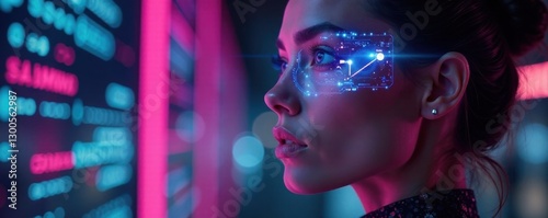 Futuristic woman with cybernetic eye panel gazing into digital realm, glowing orbs, futuristic cityscape