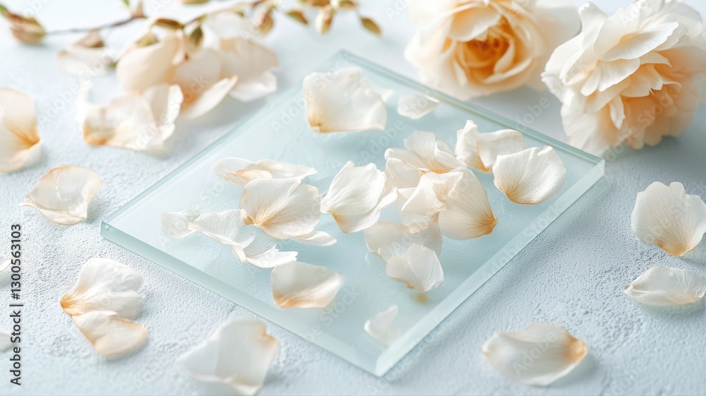 Delicate rose petals scattered on glass against a soft, romantic background. Delicate rose petals scattered on glass against a soft, romantic background.