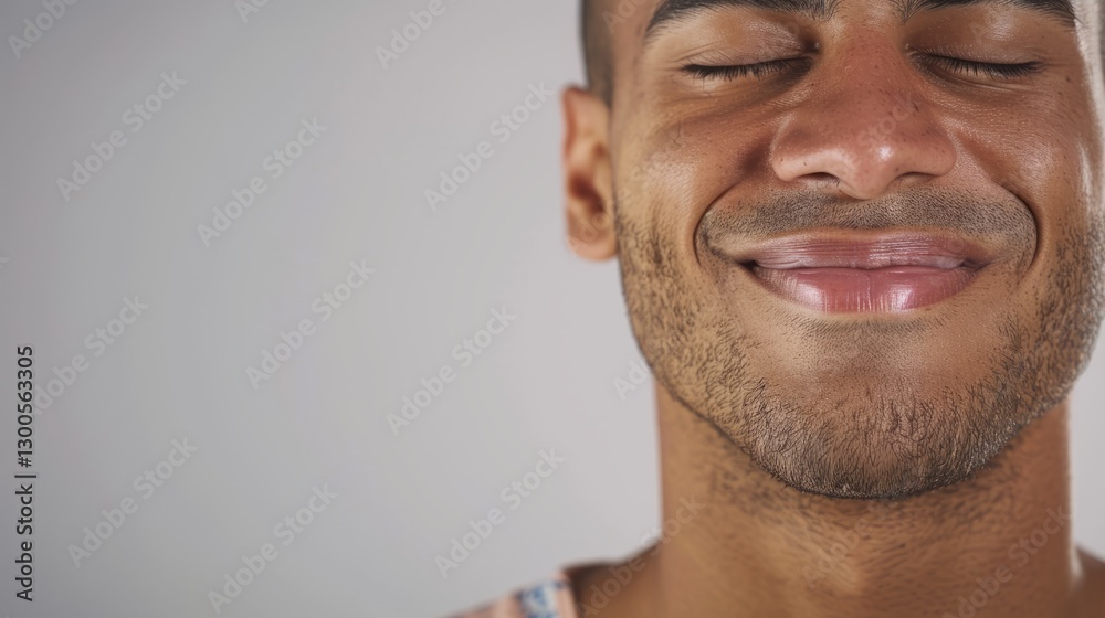 Fototapeta premium The image shows a man with closed eyes, smiling subtly.
