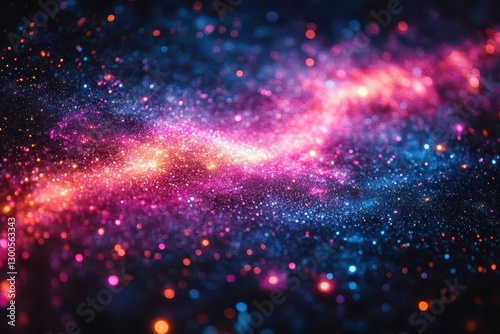 a magical midnight celebration with swirling iridescent confetti catching prismatic light floating against a deep cosmic purple backdrop with electric blue and crimson nebulalike swirls
