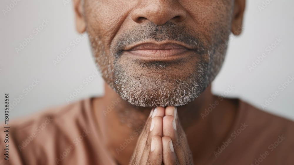 Fototapeta premium Portrait of a man in a contemplative pose, looking upwards with hands clasped, set against a neutral background.