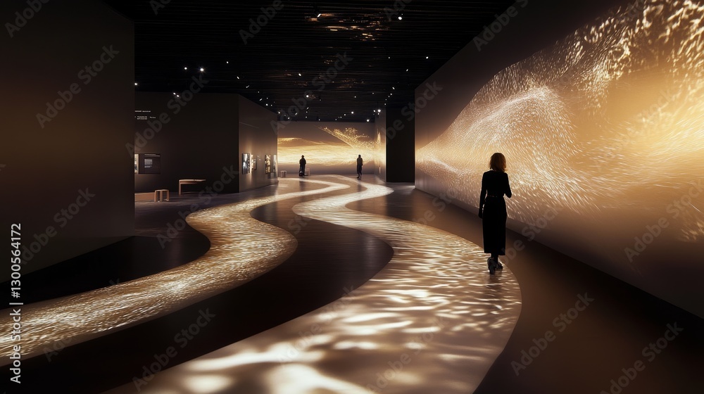 An abstract art gallery features a glowing, curvy pathway with ambient lighting and silhouettes of people exploring the exhibits. An abstract art gallery features a glowing, curvy pathway with ambient lighting and silhouettes of people exploring the exhibits.