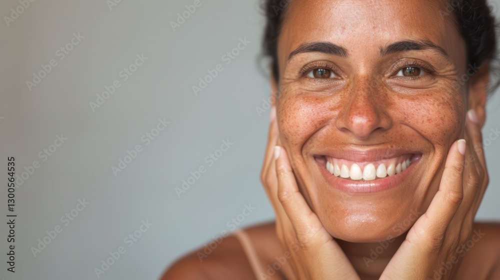 A smiling woman wearing sunscreen.