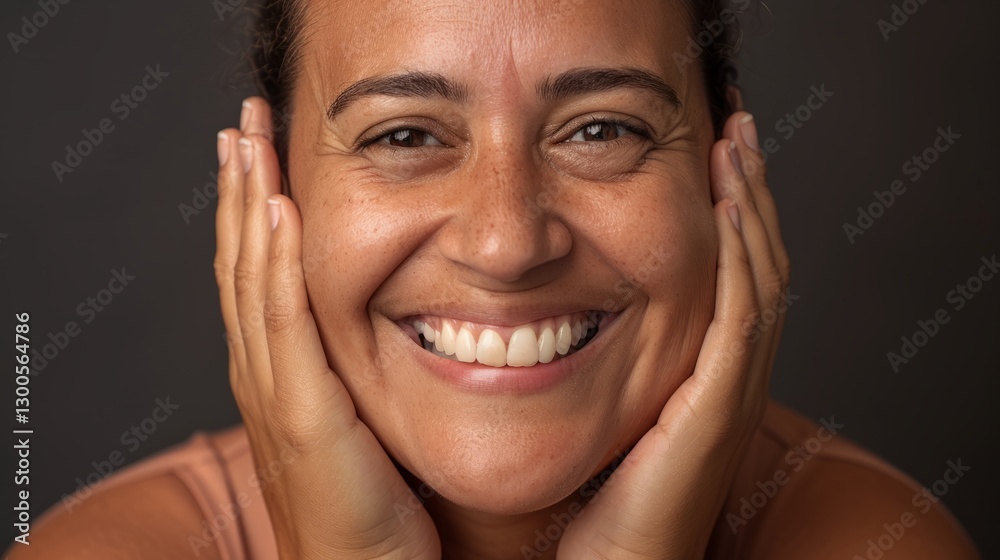 A smiling person looking towards the camera with both hands clasped near their face. A smiling person looking towards the camera with both hands clasped near their face.