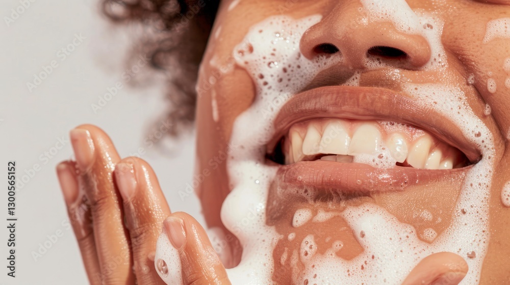 Naklejka premium A person washing their face with foamy soap.