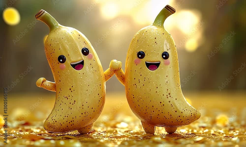 Two animated, smiling bananas, holding hands and joyfully standing on a golden background.