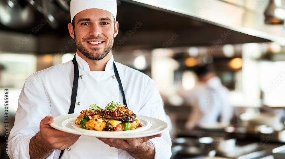 Chef holding a plate of beautifully arranged gourmet food, with a satisfied smile, symbolizing high food expectations and culinary excellence. Chef holding a plate of beautifully arranged gourmet food, with a satisfied smile, symbolizing high food expectations and culinary excellence.