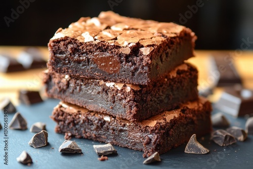 Delicious chocolate brownie with crunchy nuts on a white plate photo