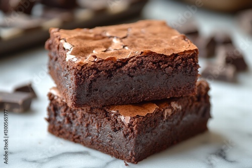 Closeup of a thick chocolate brownie with a soft interior and crisp edges