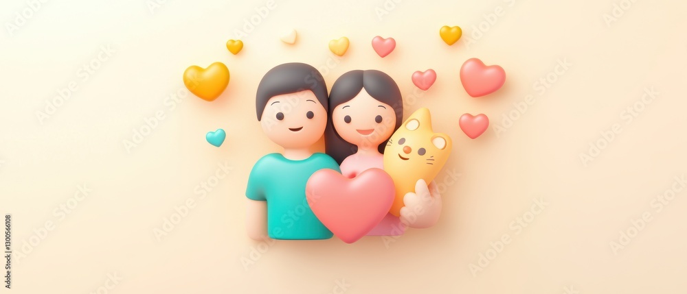 Happy Couple with Cat Surrounded by Colorful Hearts and Love Icons Happy Couple with Cat Surrounded by Colorful Hearts and Love Icons