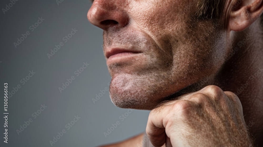 Fototapeta premium The image shows a male individual, likely an adult man, with prominent facial hair and muscles, looking at his chin while adjusting his collar or neckline.