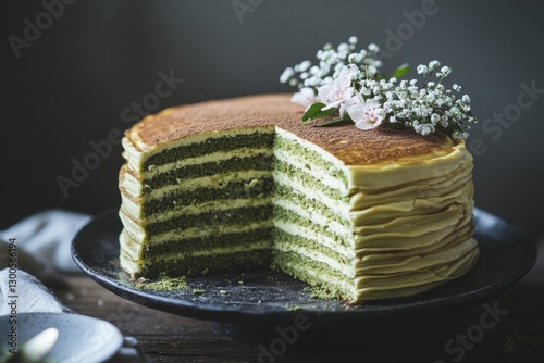 Closeup of a rich matcha cake slice with creamy layers photo