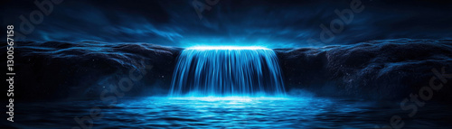 NDE Near Death Experience. Mysterious waterfall illuminated by blue light in a dark environment.
