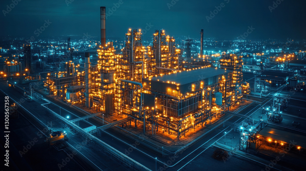 Fototapeta premium Construction factory blueprint aerial view, digital planning overlays, 3D-modeled logistics tracking, and AI-driven project management