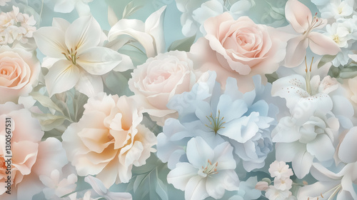 Wallpaper Mural Floral pattern on white background, vintage wallpaper with large blue flowers and small leaves Torontodigital.ca