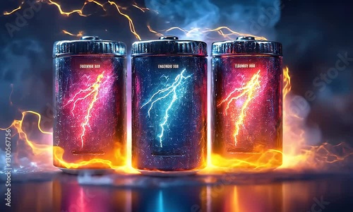 Three glowing batteries with internal lightning and fiery energy, radiating power and electrical force.