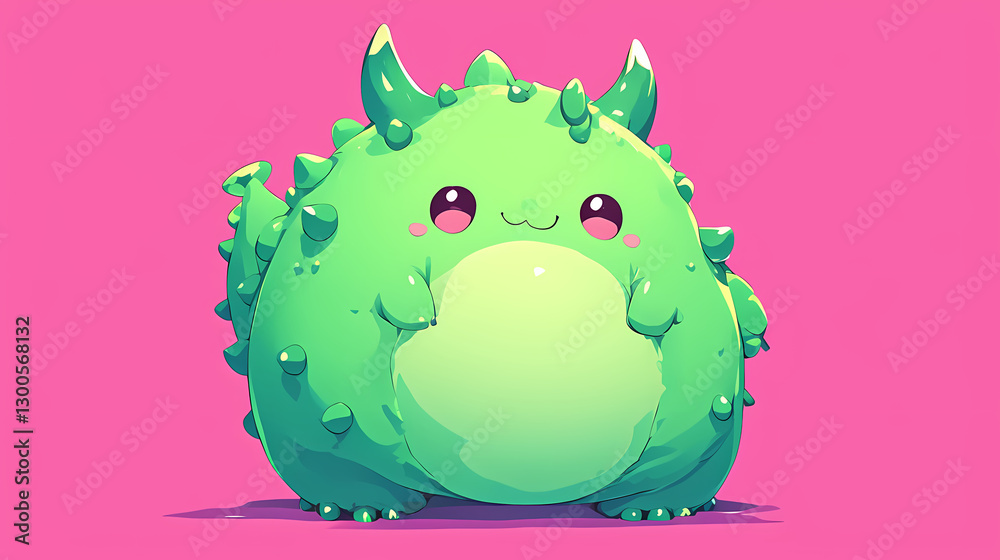 Cute green spiky creature with a joyful expression against a vibrant pink background, ideal for children's content Cute green spiky creature with a joyful expression against a vibrant pink background, ideal for children's content