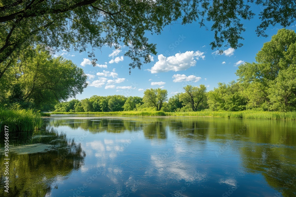 Serene Reflection of Trees and Clouds in Calm River Landscape Serene Reflection of Trees and Clouds in Calm River Landscape