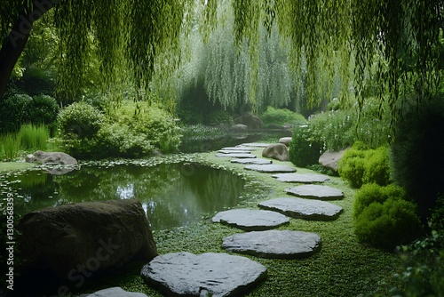 Stone Path Through Lush Garden Pond, Weeping Willow Canopy, Tranquil Scene.