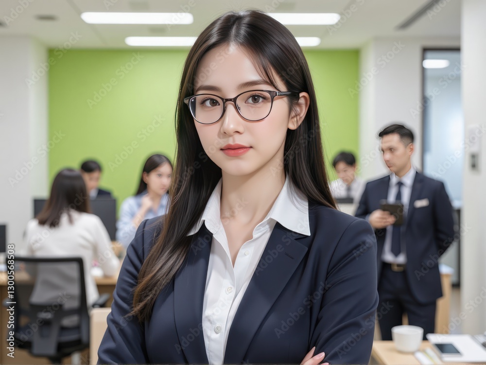 confident Japanese business woman in glasses and a casual formal attire, posing in an office with a light green background, surrounded by a dynamic work environment. confident Japanese business woman in glasses and a casual formal attire, posing in an office with a light green background, surrounded by a dynamic work environment.