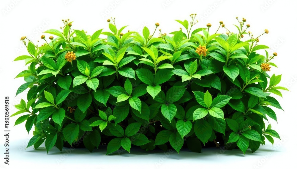Fototapeta premium Lush green wild hedge with small flowers isolated on white background, green, plant, shrub