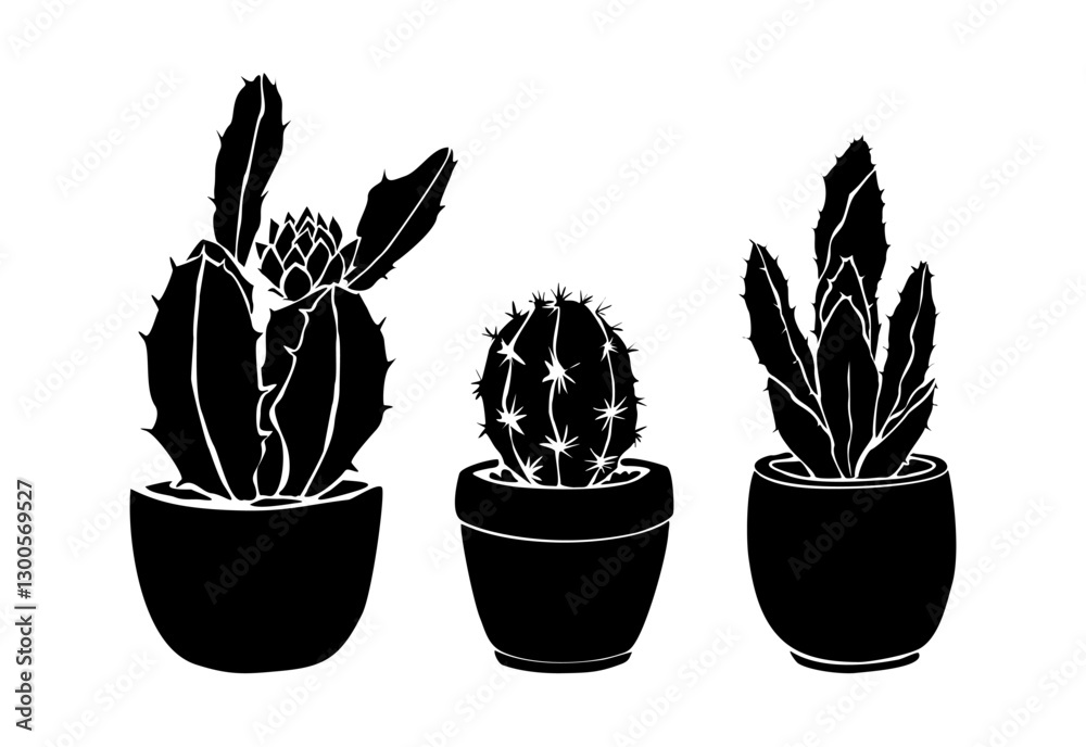 Obraz premium Cactus house plants silhouettes set. Different succulent potted indoor plants black monochrome vector illustrations isolated on transparent background