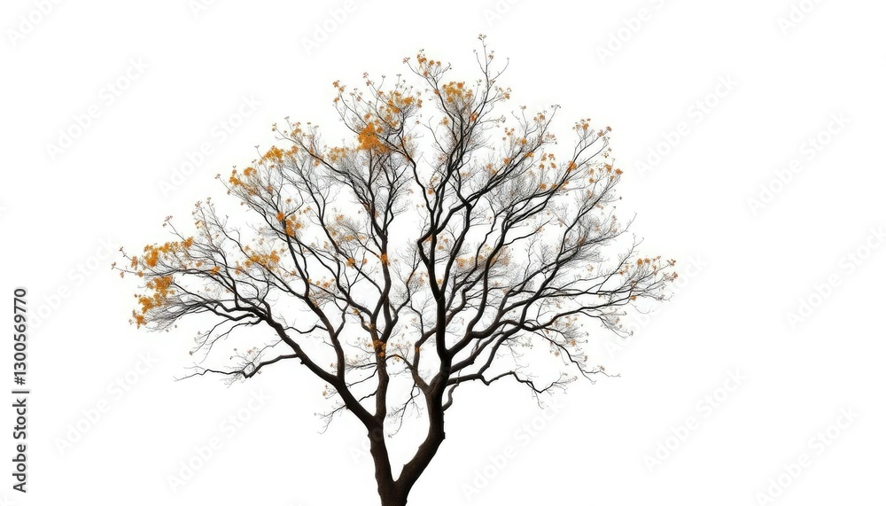 Fototapeta premium Lone deciduous tree, branches reaching skyward, stark white backdrop, environment, trunk