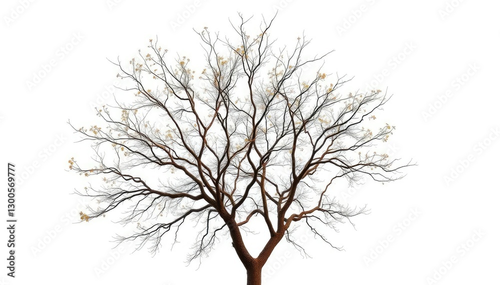 Obraz premium Lone deciduous tree, branches reaching skyward against pure white, branches, peaceful
