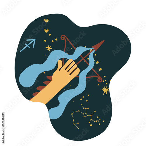 Sagittarius, zodiac sign. Arch, bow and arrow, astrology horoscope symbol. Archer, sky star, esoteric sticker, icon.  Hand drawn vector illustration.