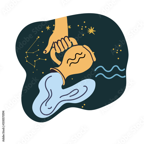 Aquarius, astrological zodiac sign. Water in pot, horoscope symbol, celestial. Star constellation character, sky. Hand drawn vector illustration.