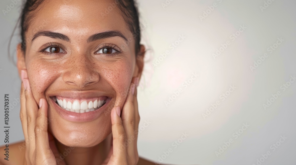 This is a close-up photograph of a smiling woman using a face mask or product during her skincare routine.