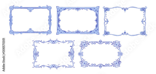 Floral classic and vintage blue frame. Eastern design of borderline, antique frame vector set for decorative invitations, card, porcelain label and more