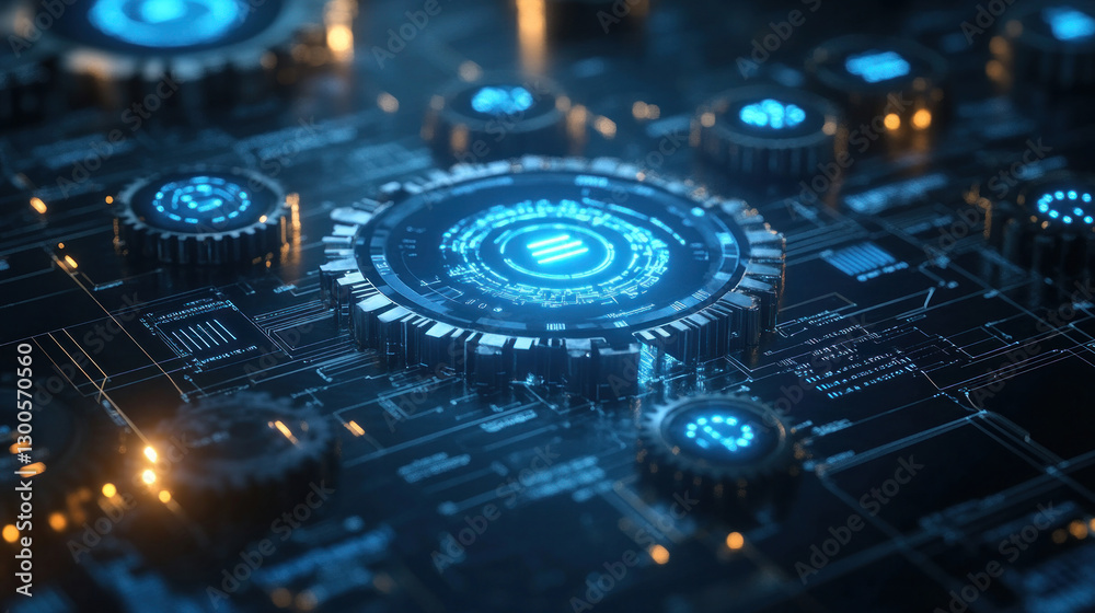 Engineering background featuring complex technical blueprints, mechanical gears, and futuristic digital schematics glowing with neon blue light Engineering background featuring complex technical blueprints, mechanical gears, and futuristic digital schematics glowing with neon blue light