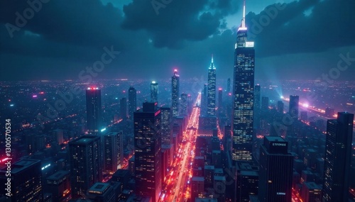 Dark futuristic cityscape at night with towering skyscrapers and neon lights , urban landscape, futuristic architecture