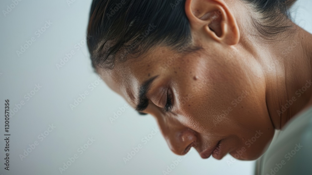 Fototapeta premium The image shows a close-up of a woman's face looking down with her hair pulled back.