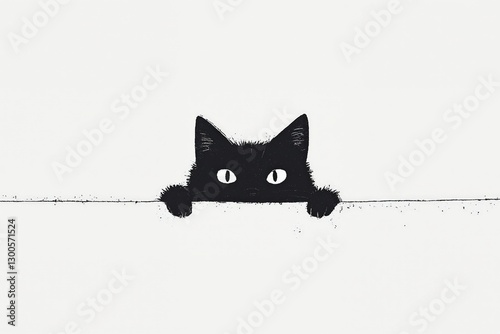 Un gato negro asoma curioso sobre una superficie, mostrando solo su cabeza y patas en una ilustración minimalista. photo