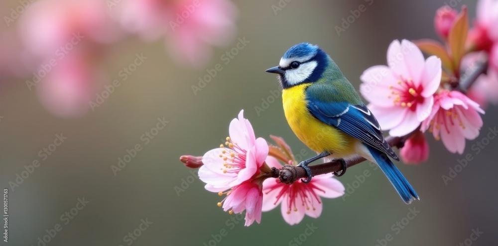 Blue tit perched on delicate pink cherry blossom branch, nature photography, fauna Blue tit perched on delicate pink cherry blossom branch, nature photography, fauna