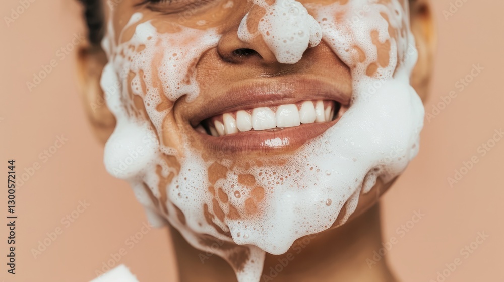 Naklejka premium Person applying foam to their face using hands.