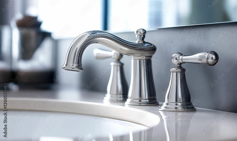 Sleek chrome faucet with levers and a pristine white sink. Sleek chrome faucet with levers and a pristine white sink.