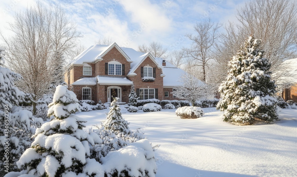 Winter wonderland scene a snow covered brick house stands majestically. Winter wonderland scene a snow covered brick house stands majestically.