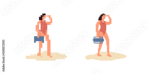 Two pixel art figures stand casually, each holding luggage. they wear simple outfits with short sleeves.