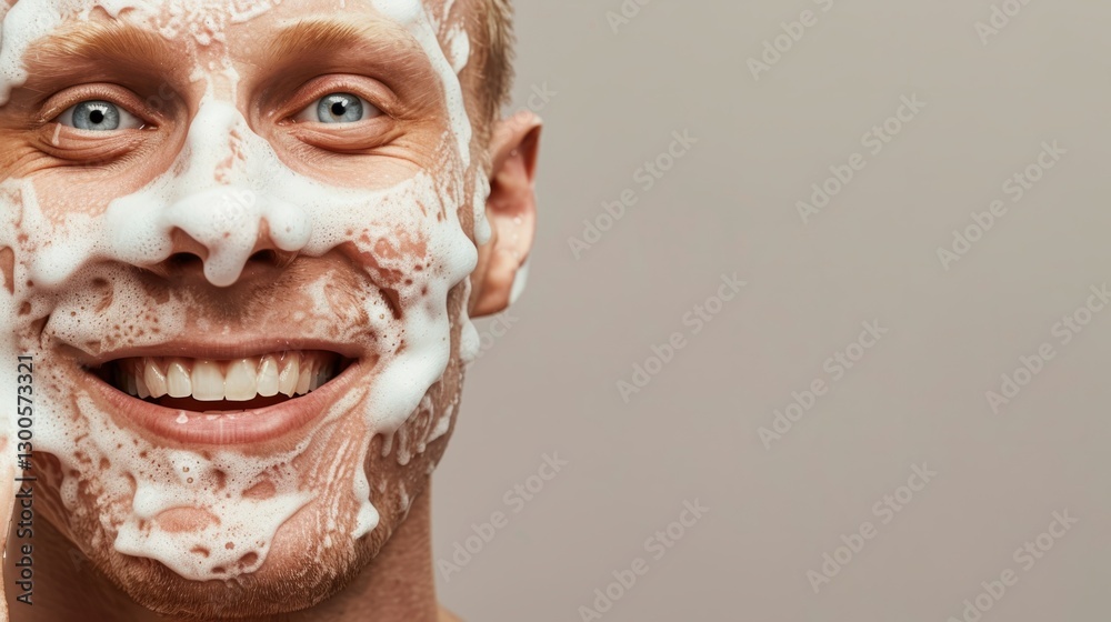 Naklejka premium The image features a smiling man with foamy hands from washing his face.