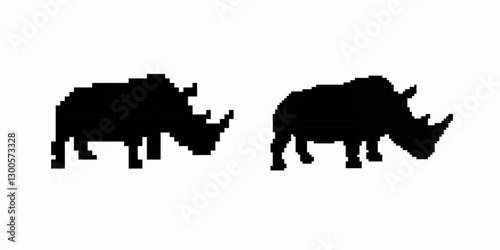 Two rhino silhouettes feature distinct horns and sturdy bodies, conveying strength and presence.