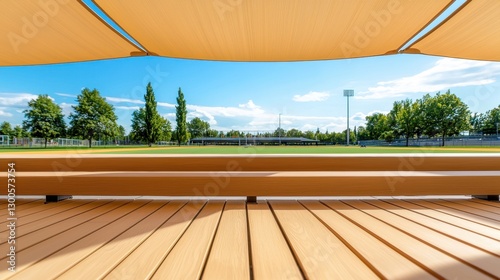Modern school sports ground design Concept, Modern Bleachers Overlooking Expansive Sports Ground Under Clear Blue Sky in a Futuristic School Setting