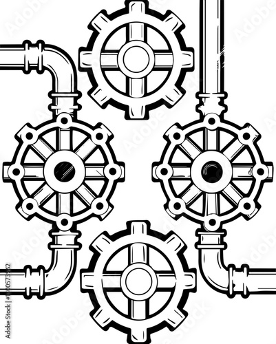 Steampunk engineer creates clockwork mechanical designs. Industrial Pipe and Gear System with Detailed Outline Design