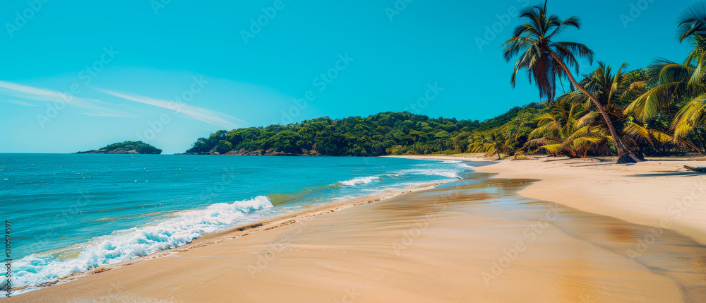 Naklejka premium Blue water and tropical sea beach with perfectly clean sand and palm trees growing on coast on background of bright blue clear gradient sky. Travel advertising banner. Paradise. Copy space for text.